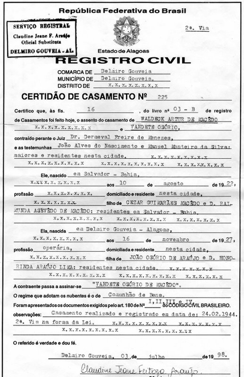 Certidao de casamento do Gordurinha