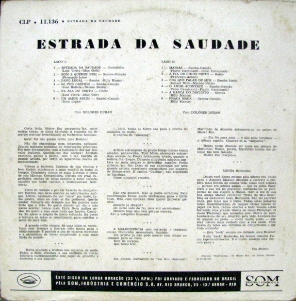 1960 - Dolores Duran - Estrada da saudade - verso